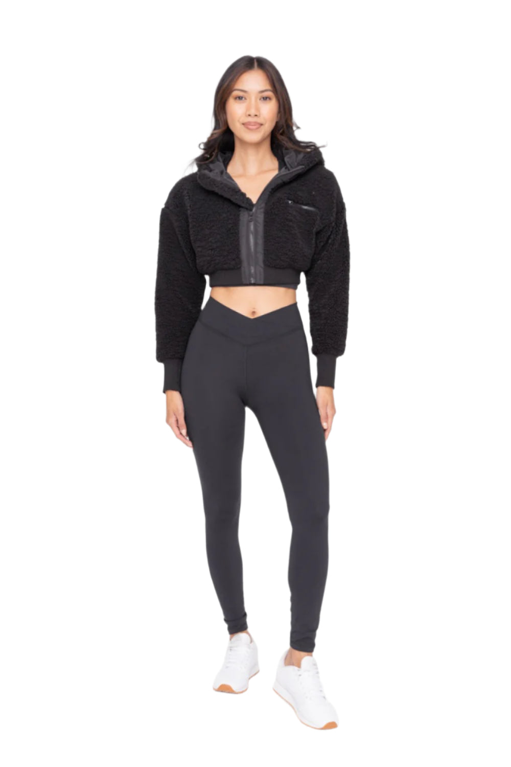 Mono B Cropped Sherpa Jacket - Black - Front Full View