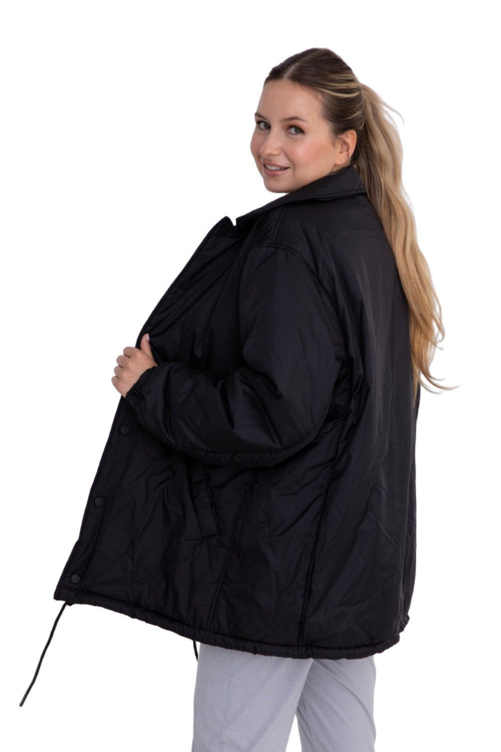 Mono B Longline Oversized Parka with Snaps KJ-B0926 - Black - Side View