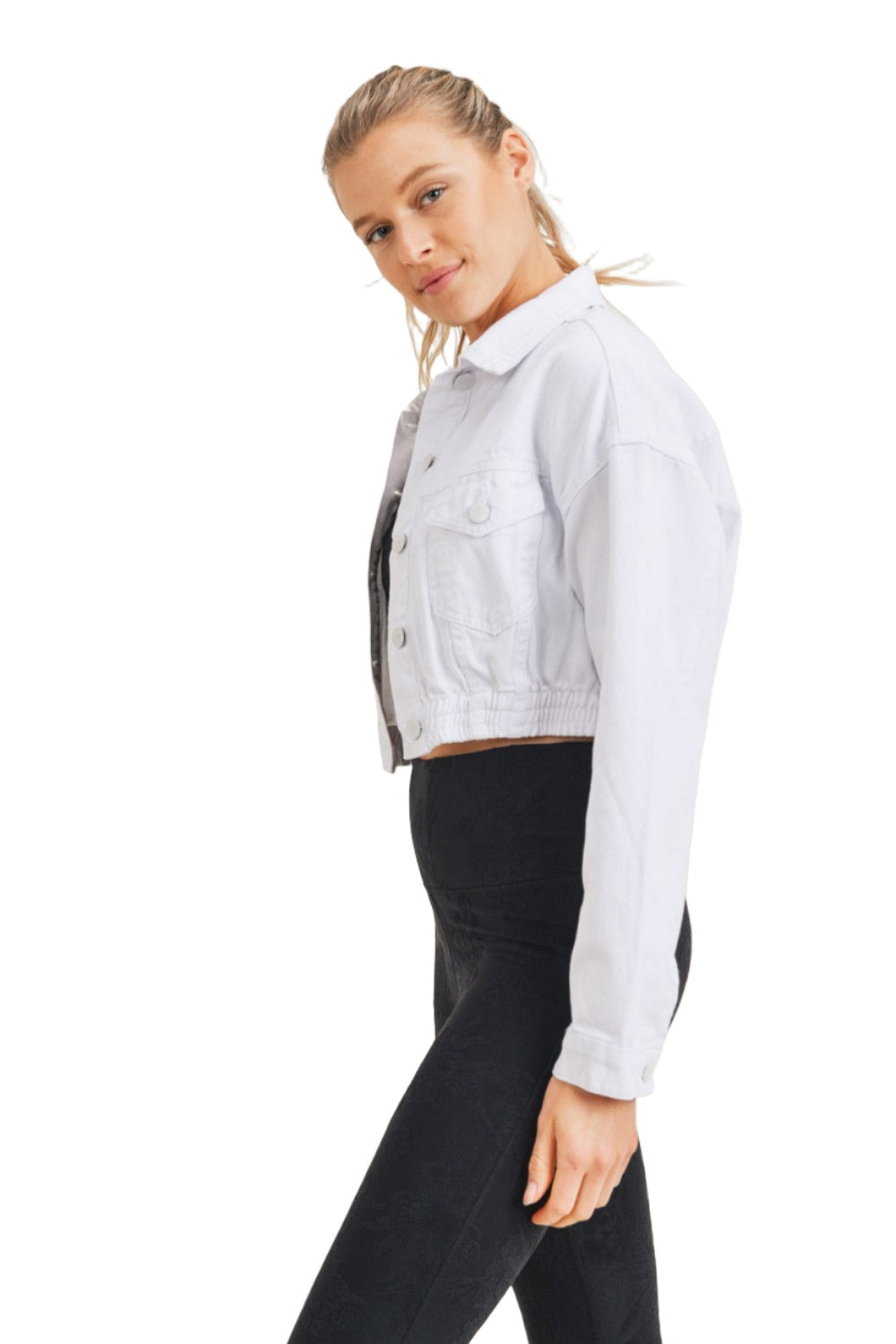 Mono B Crop White Denim Jacket KJ11743 - White Denim - Side View2