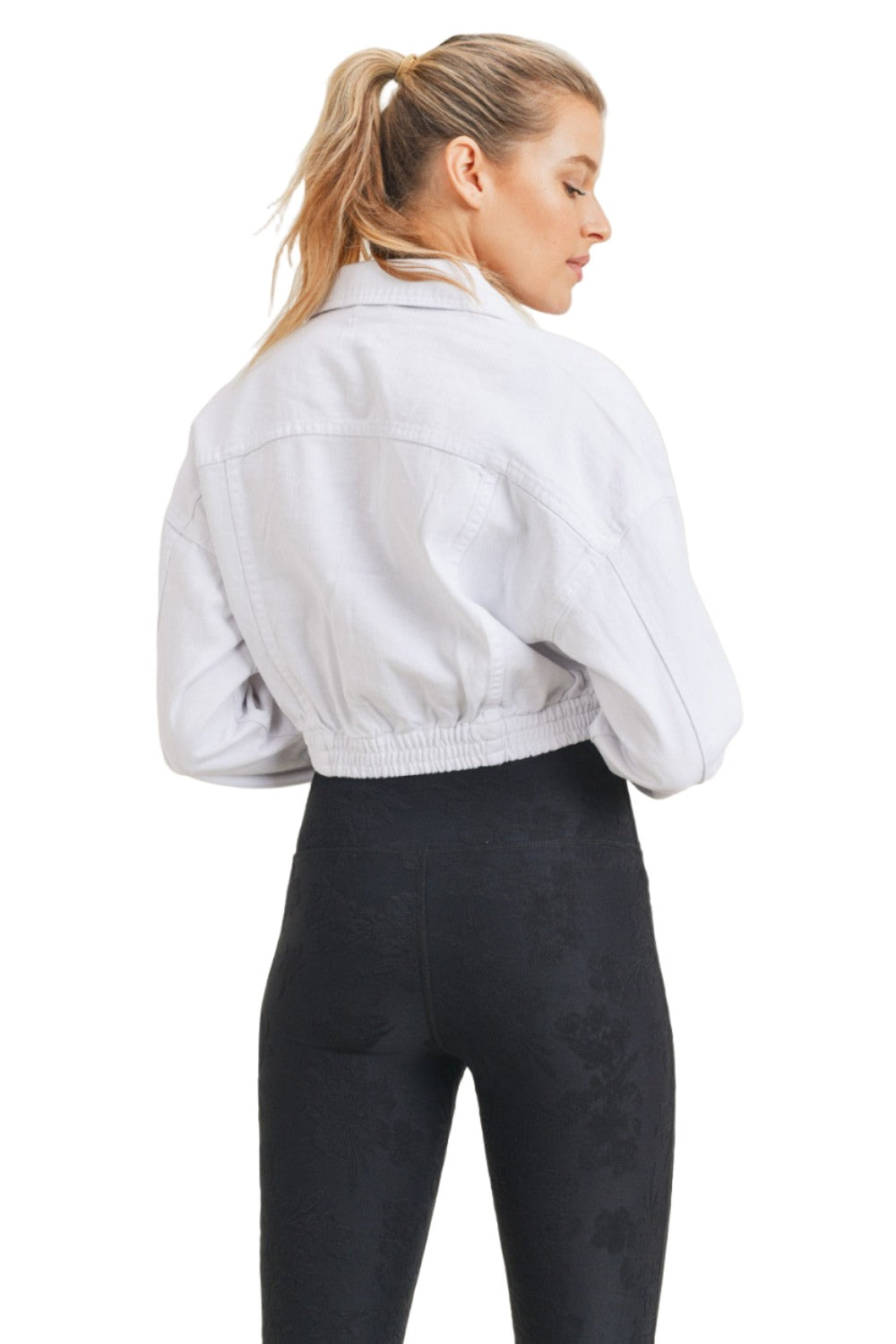 Mono B Crop White Denim Jacket KJ11743 - White Denim - Back View2