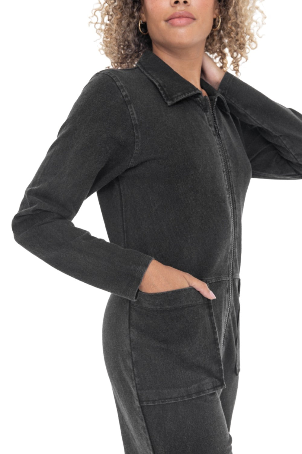 Mono B Serious Mineral Wash Cotton Jumpsuit KP12050 - Black - Rear View