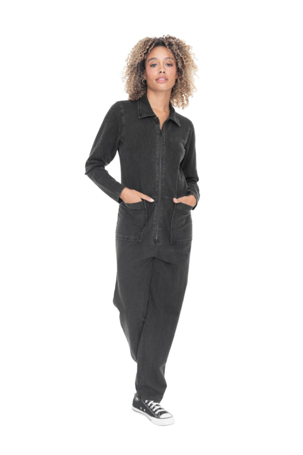Mono B Serious Mineral Wash Cotton Jumpsuit KP12050 - Black - Front Full View