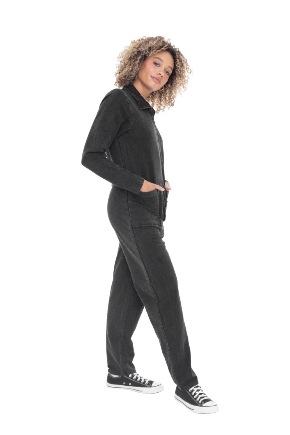 Mono B Serious Mineral Wash Cotton Jumpsuit KP12050 - Black - Side Full View