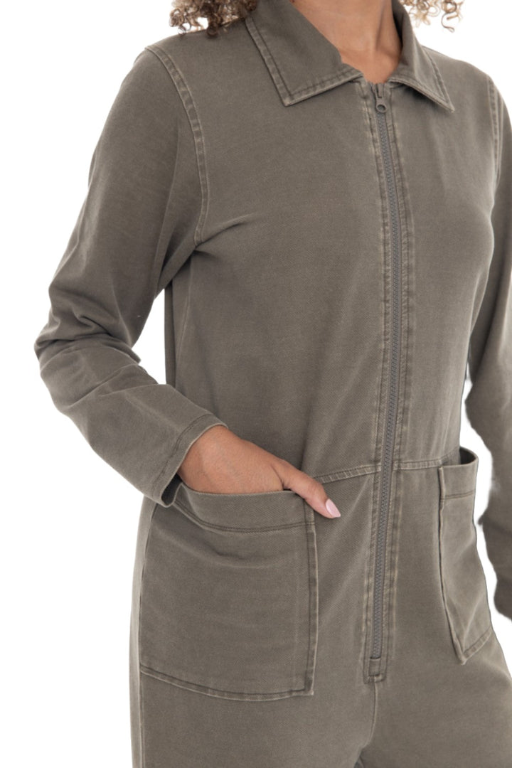 Mono B Serious Mineral Wash Cotton Jumpsuit KP12050 - Olive - Rear View