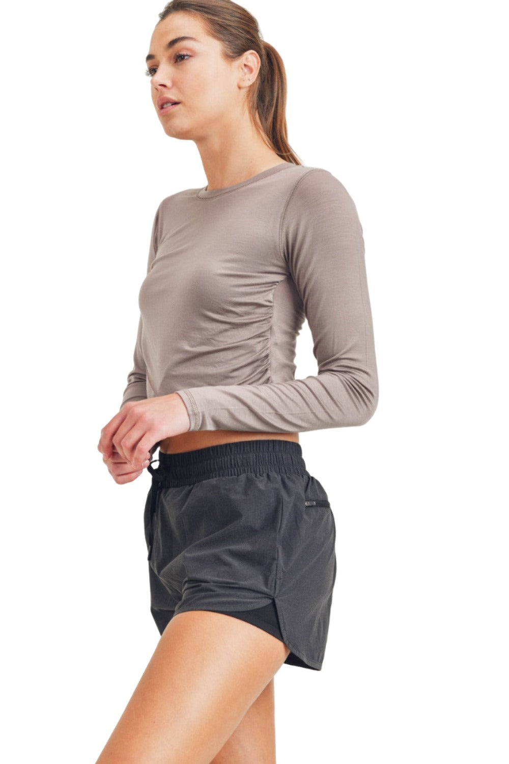 Mono B Cross Over Cropped Long Sleeve Top KT-A0330 - Cinder - Side View