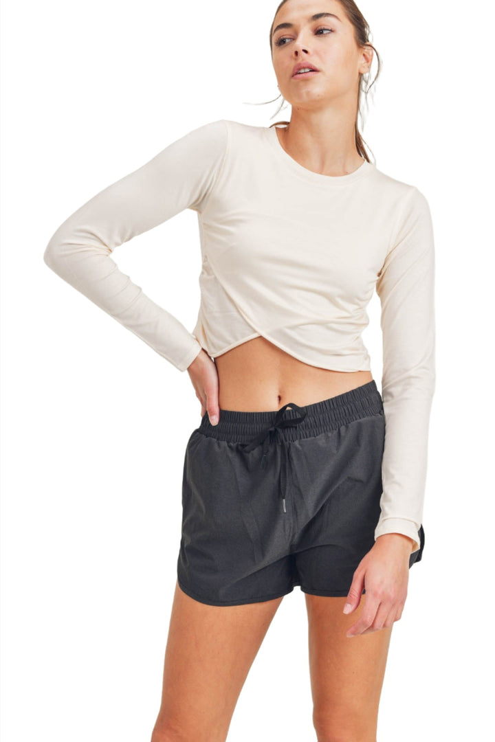 Mono B Cross Over Cropped Long Sleeve Top KT-A0330 - Natural - Front View