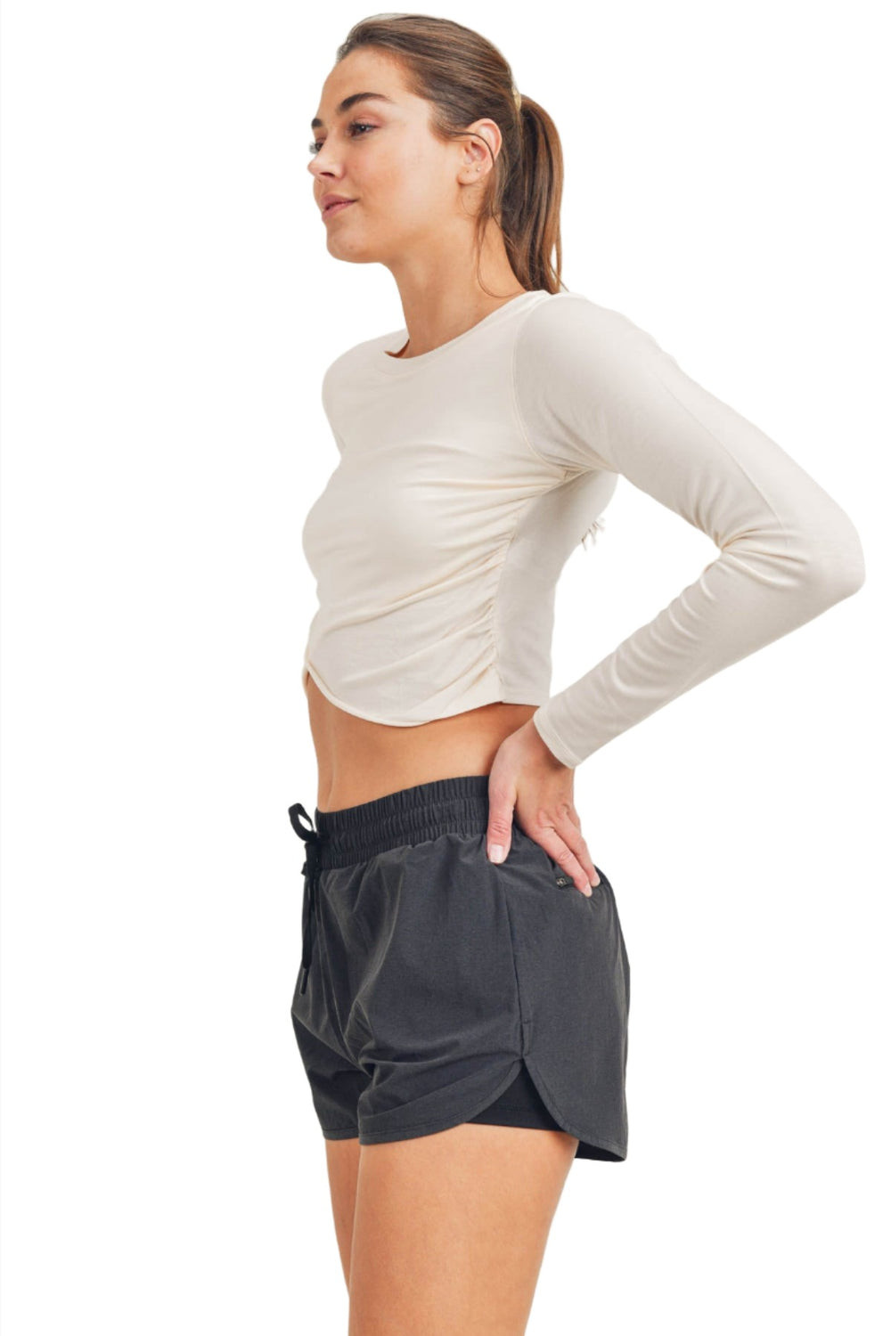 Mono B Cross Over Cropped Long Sleeve Top KT-A0330 - Natural - Side View