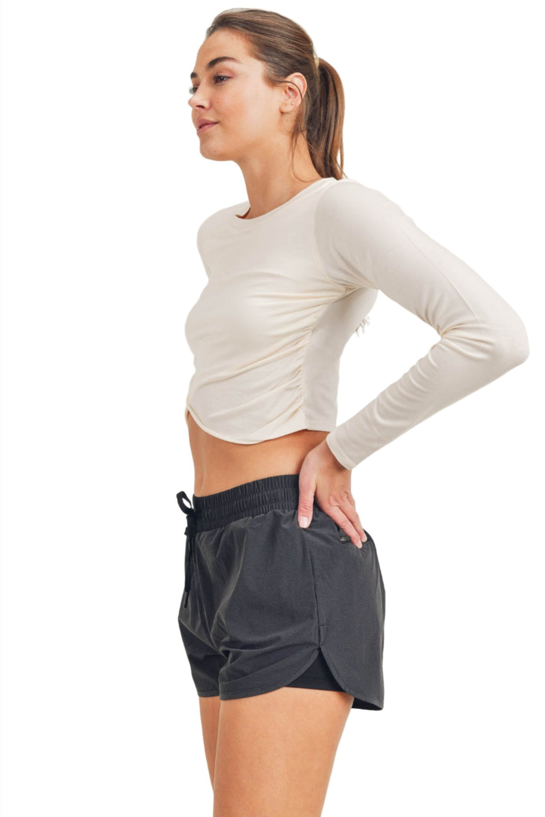 Mono B Cross Over Cropped Long Sleeve Top KT-A0330 - Natural - Side View