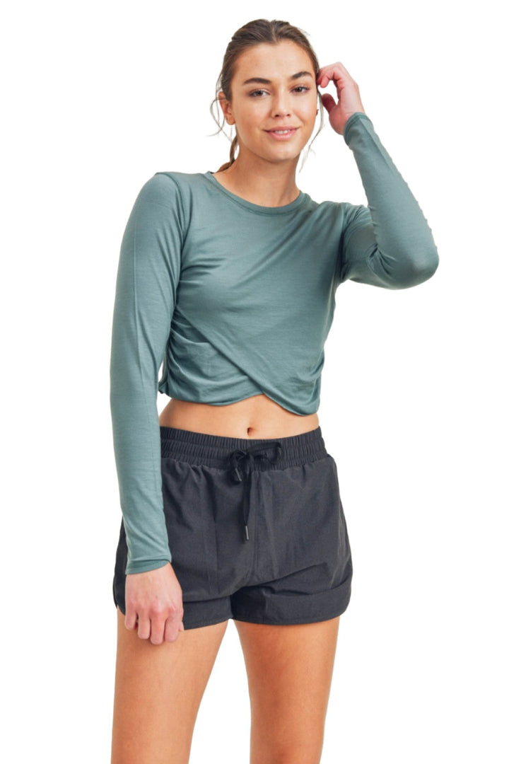 Mono B Cross Over Cropped Long Sleeve Top KT-A0330 - North Atlantic - Front View