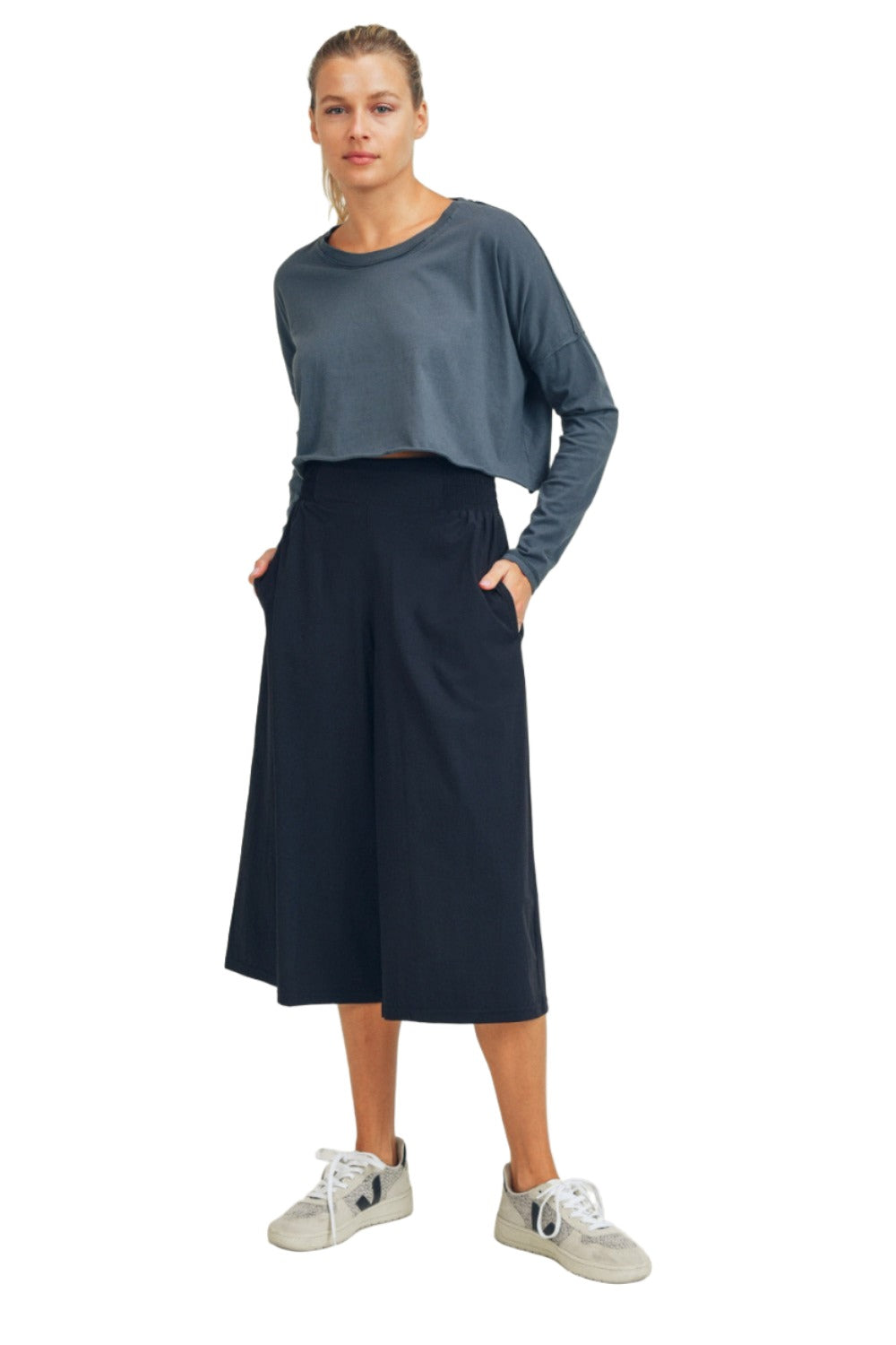 Mono B Culotte Pants With Elastic Waistband AP-A0671 and Plus - Black - Front Full View