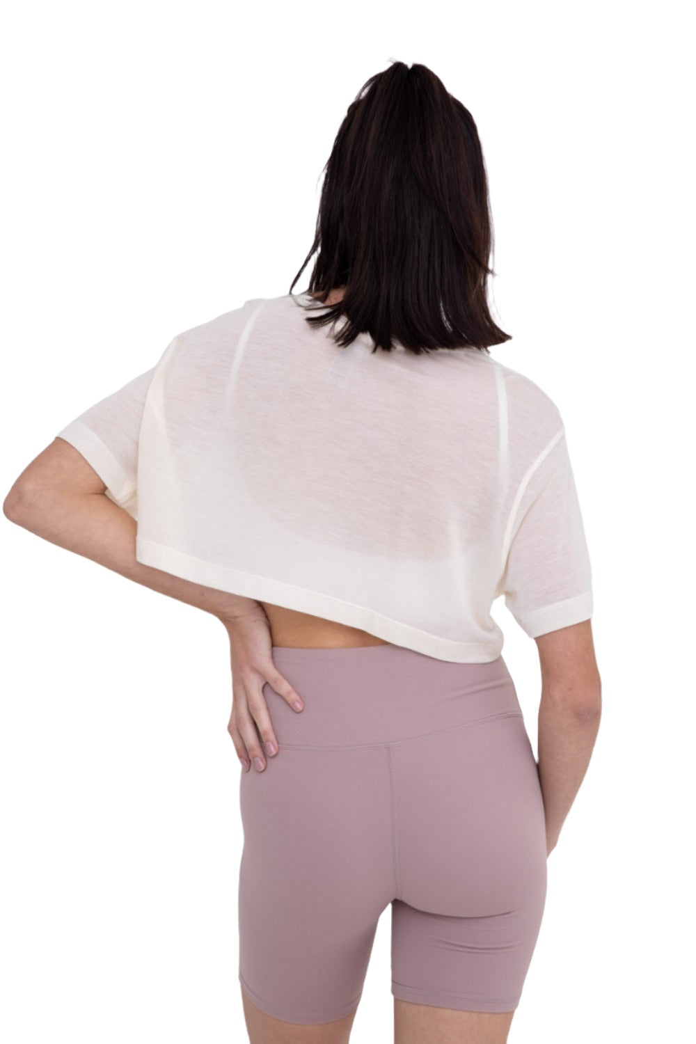 Mono B Semi Sheer Flow Cropped Top KT-A0695 - Ivory - Back View