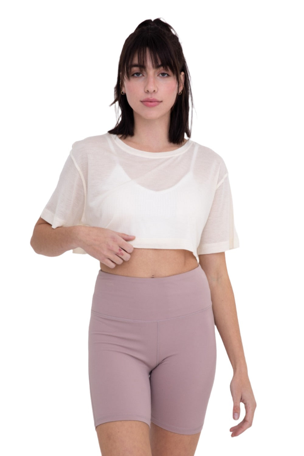 Mono B Semi Sheer Flow Cropped Top KT-A0695 - Ivory - Front View