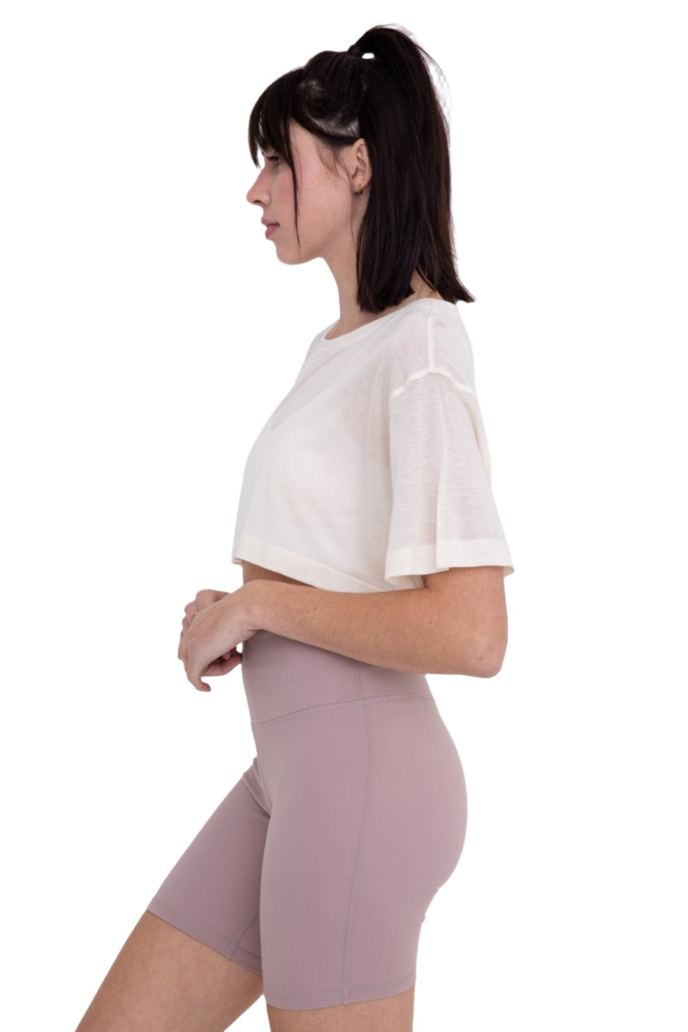 Mono B Semi Sheer Flow Cropped Top KT-A0695 - Ivory - Side View