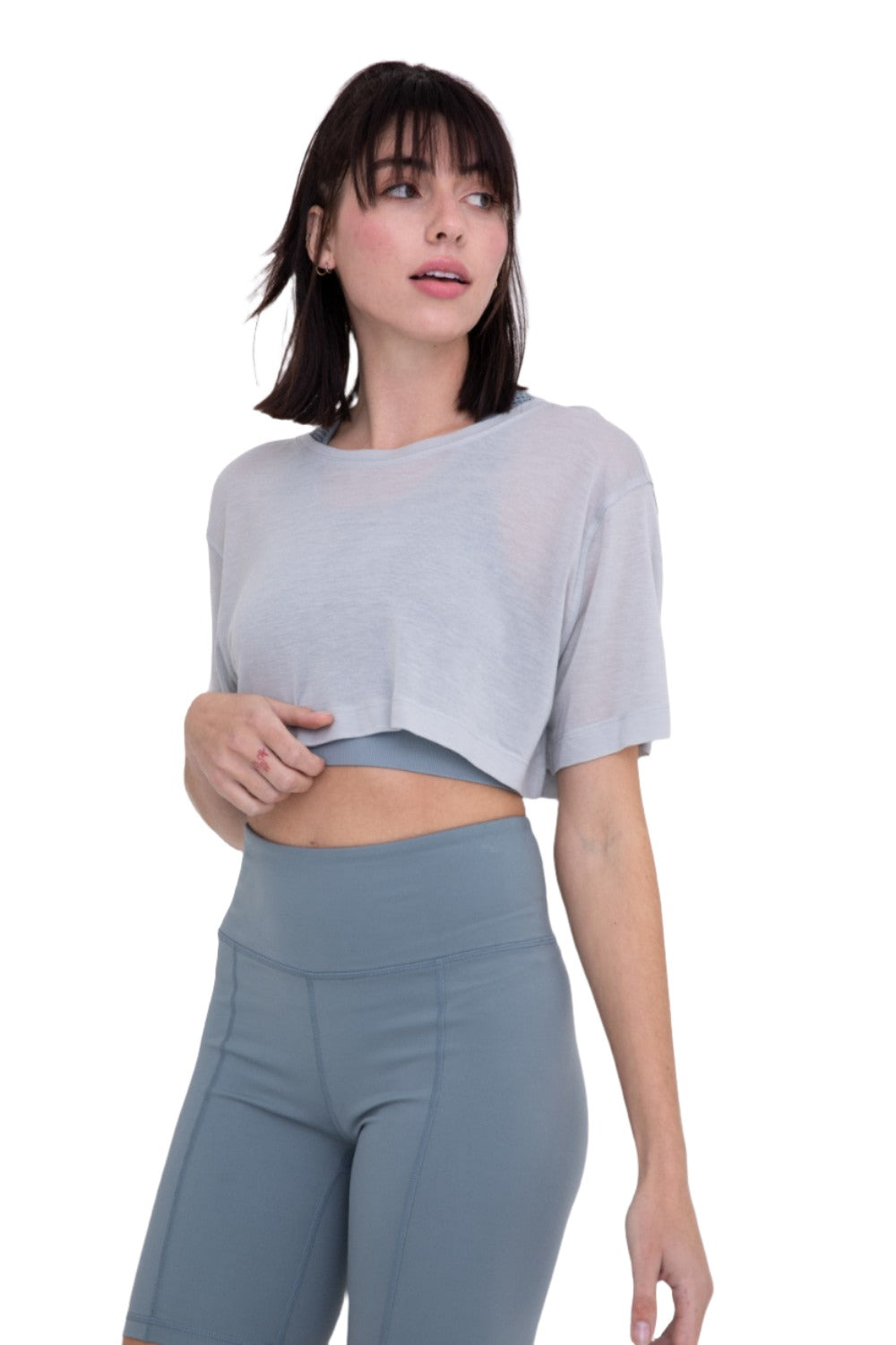 Mono B Semi Sheer Flow Cropped Top KT-A0695 - Mist - Front View