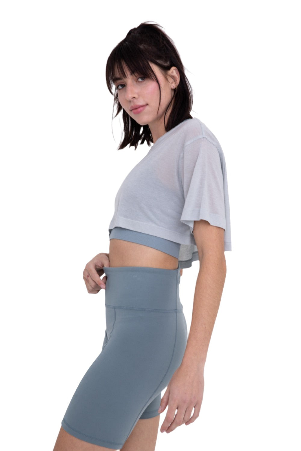 Mono B Semi Sheer Flow Cropped Top KT-A0695 - Mist - Side View