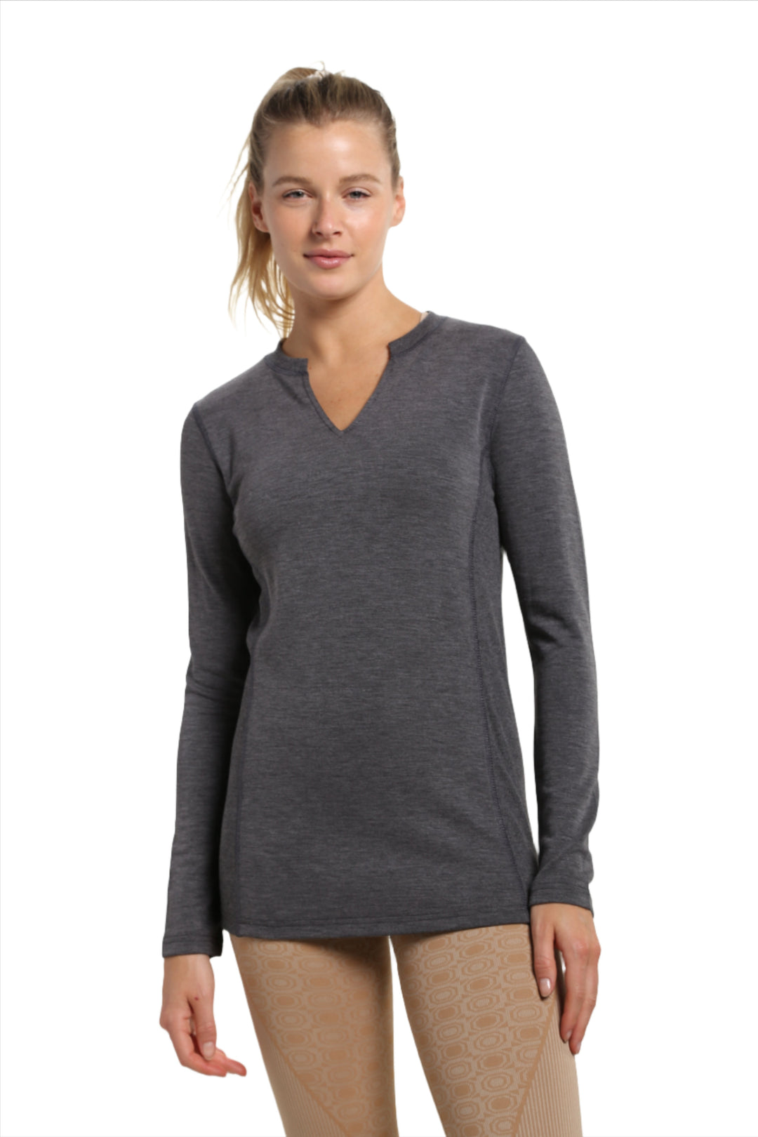 Mono B Split Collar Long Sleeve Tee KT-A1040 and Plus - Black - Front View