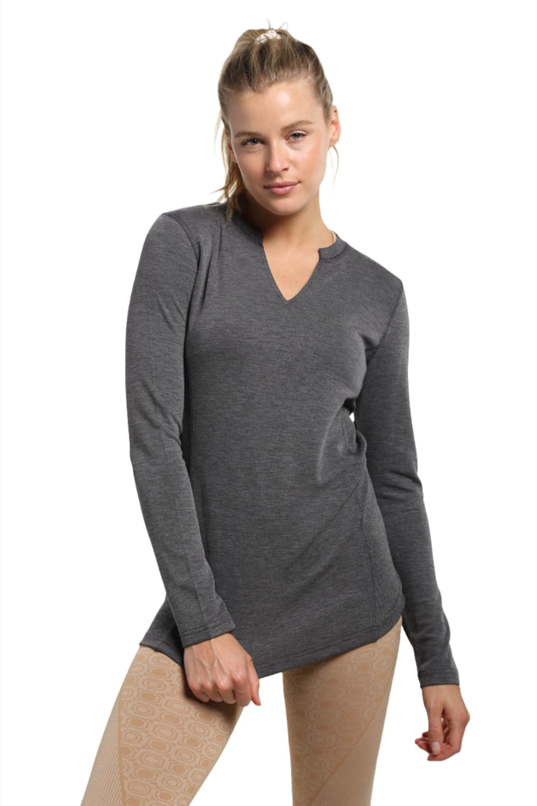 Mono B Split Collar Long Sleeve Tee KT-A1040 and Plus - Black - Front View