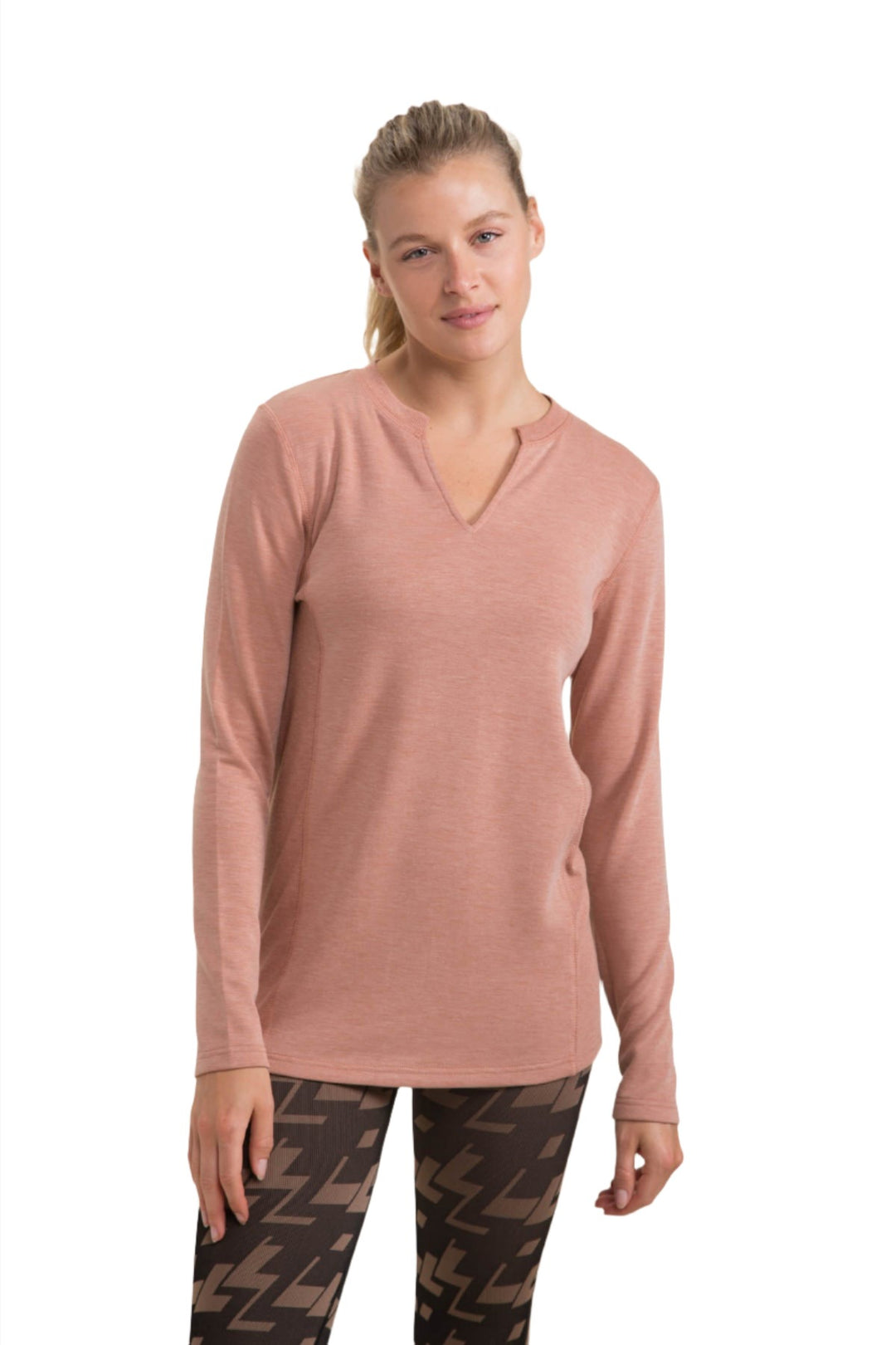 Mono B Split Collar Long Sleeve Tee KT-A1040 and Plus - Mocha - Front View