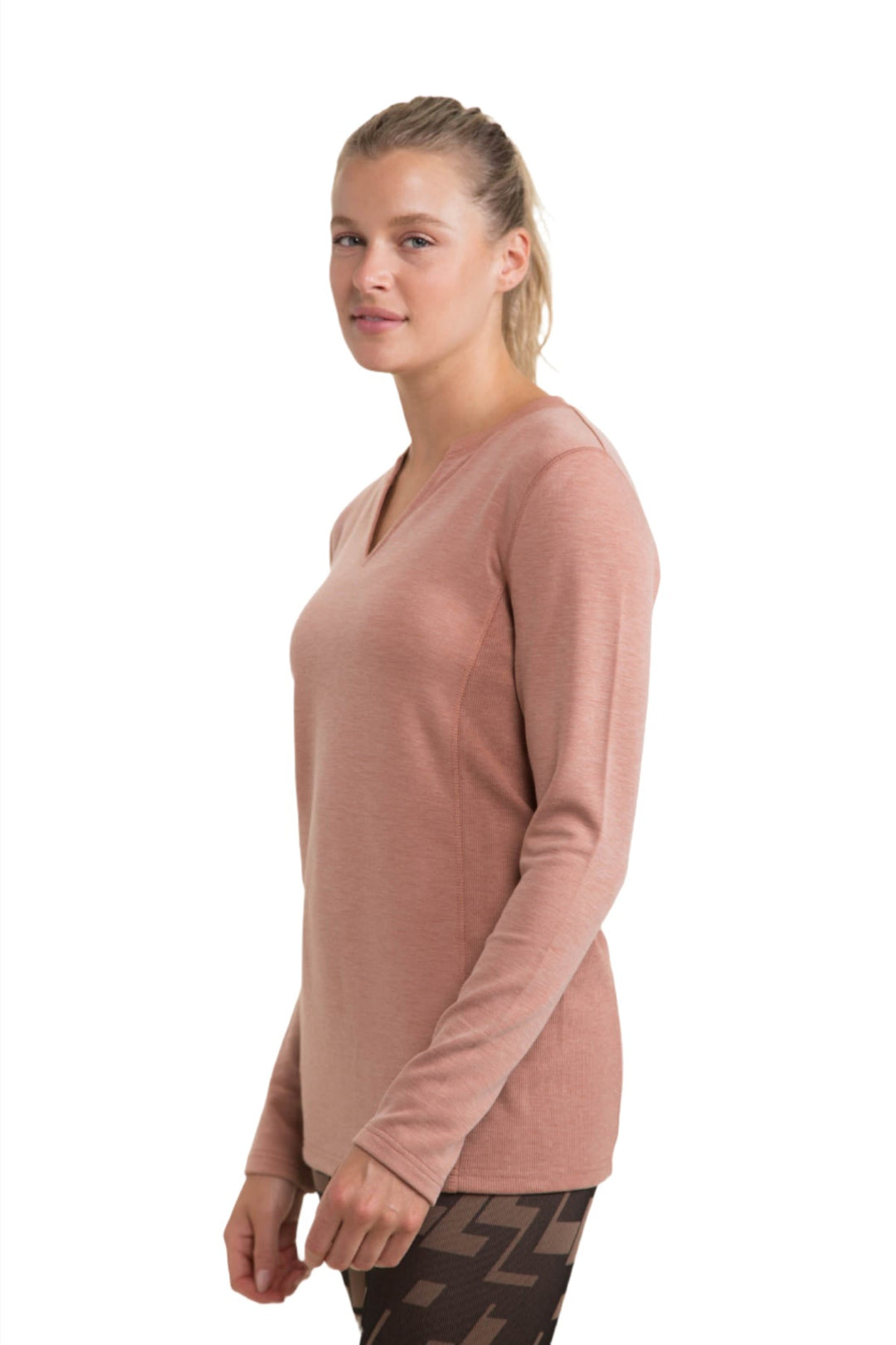 Mono B Split Collar Long Sleeve Tee KT-A1040 and Plus - Mocha - Side View