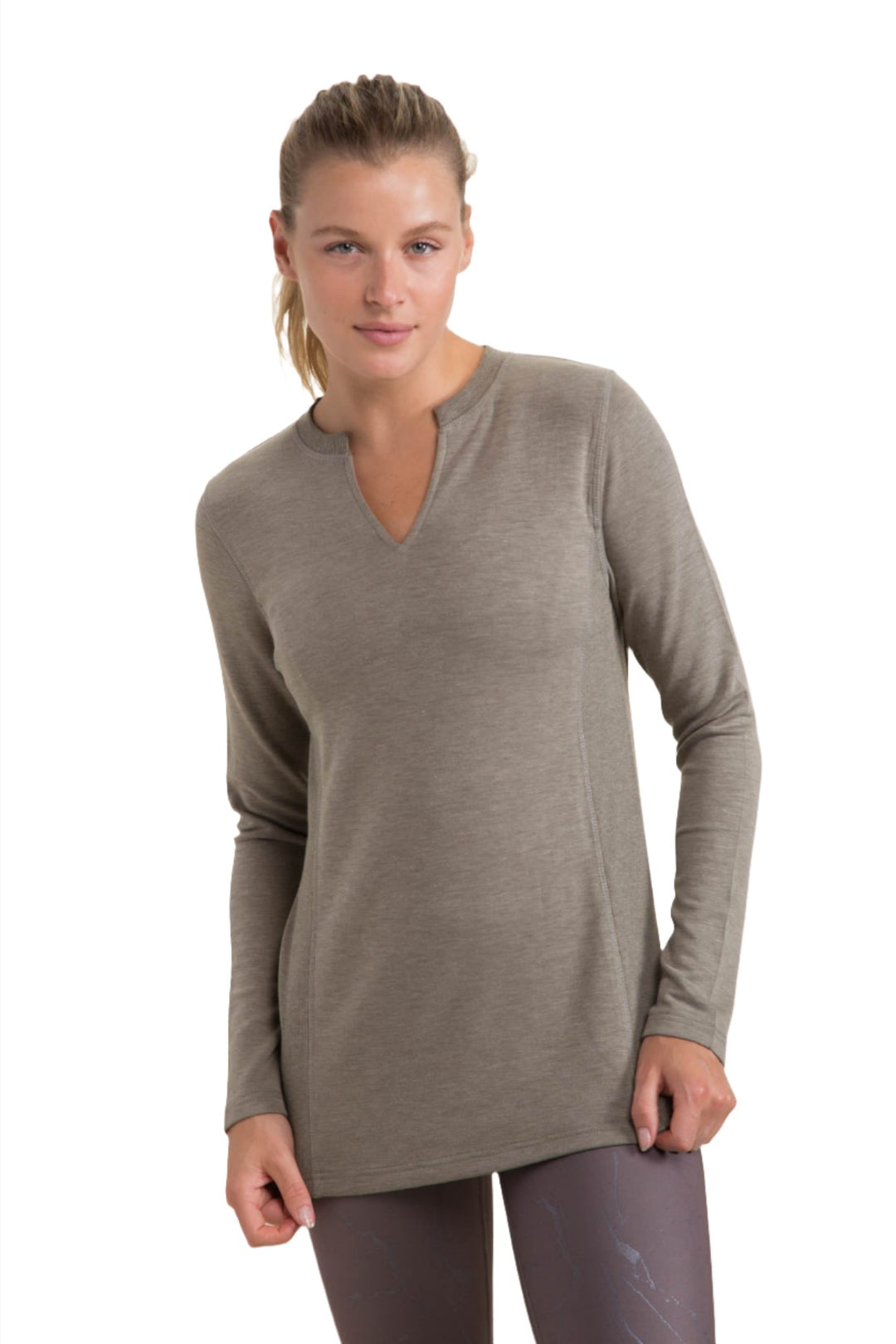 Mono B Split Collar Long Sleeve Tee KT-A1040 and Plus - Olive - Front View