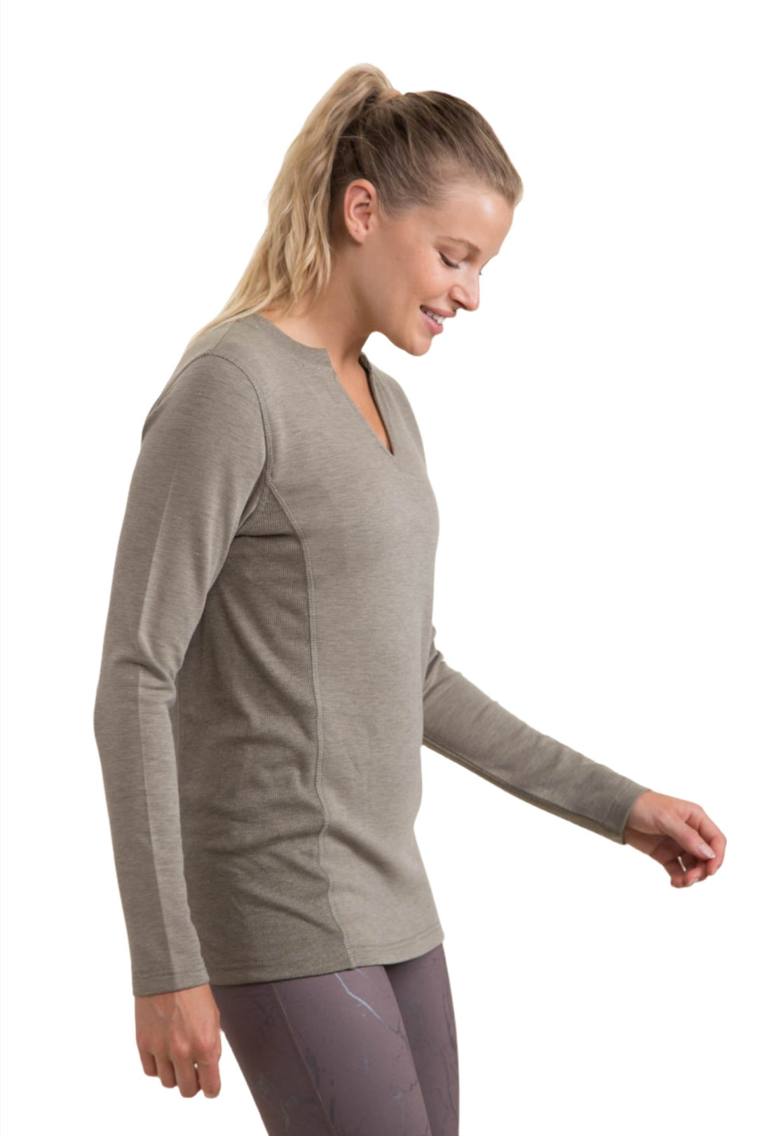 Mono B Split Collar Long Sleeve Tee KT-A1040 and Plus - Olive - Side View
