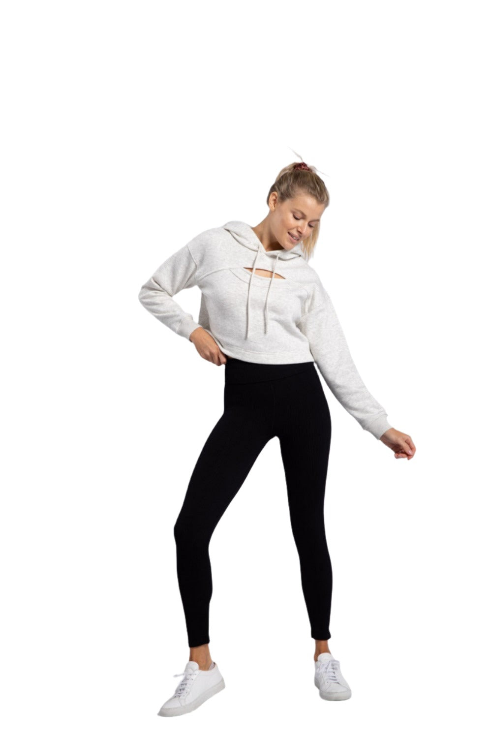 Mono B Ribbed Fold Over Highwaist Thermal Leggings APH-A1284 - Black - Front Full View