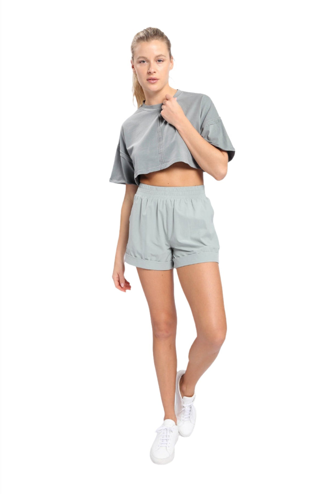 Mono B Pima Cotton Ultra Cropped Top KT-B0152 - Aqua Grey - Front Full View