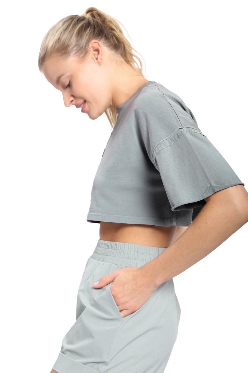 Mono B Pima Cotton Ultra Cropped Top KT-B0152 - Aqua Grey - Side View