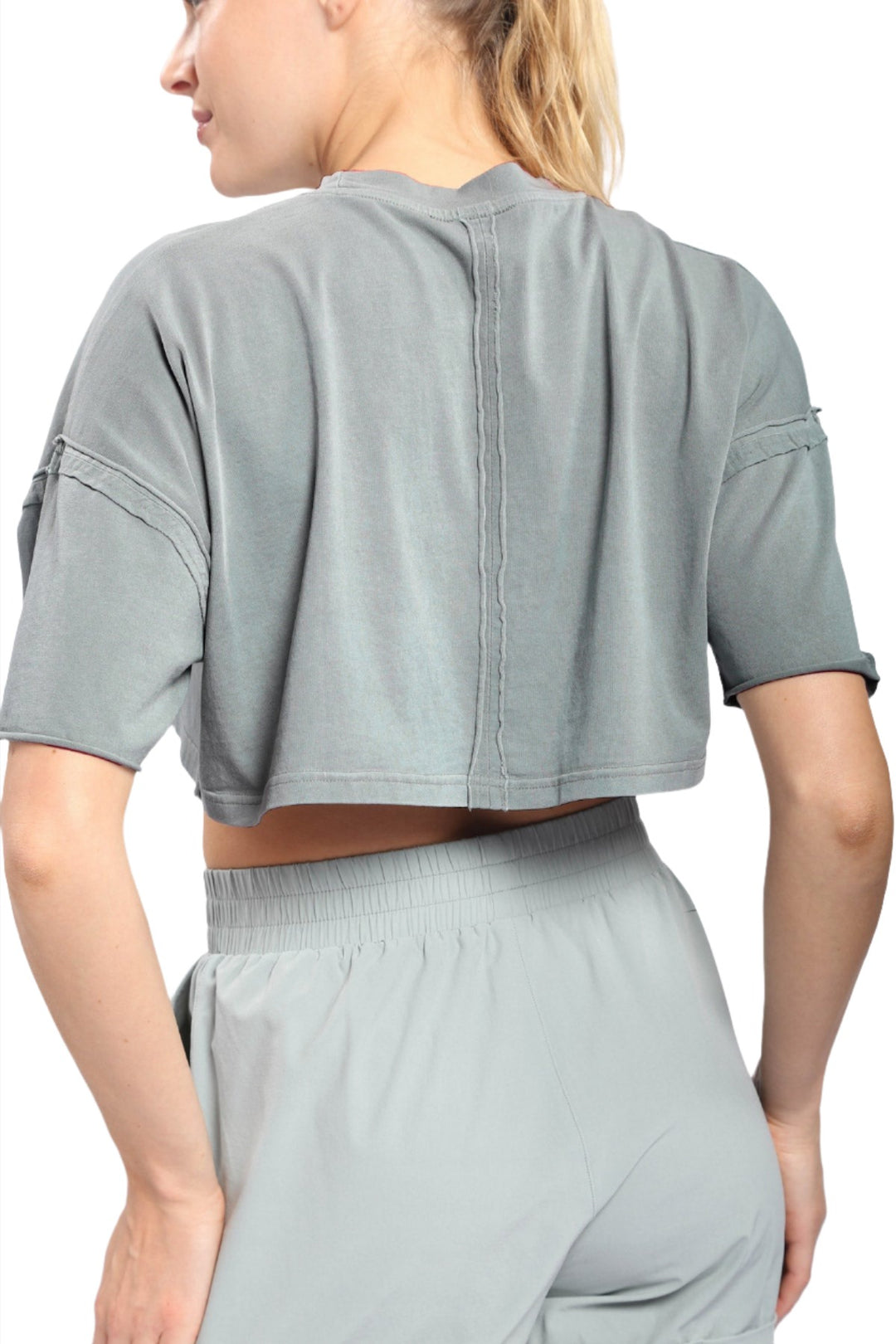 Mono B Pima Cotton Ultra Cropped Top KT-B0152 - Aqua Grey - Rear View