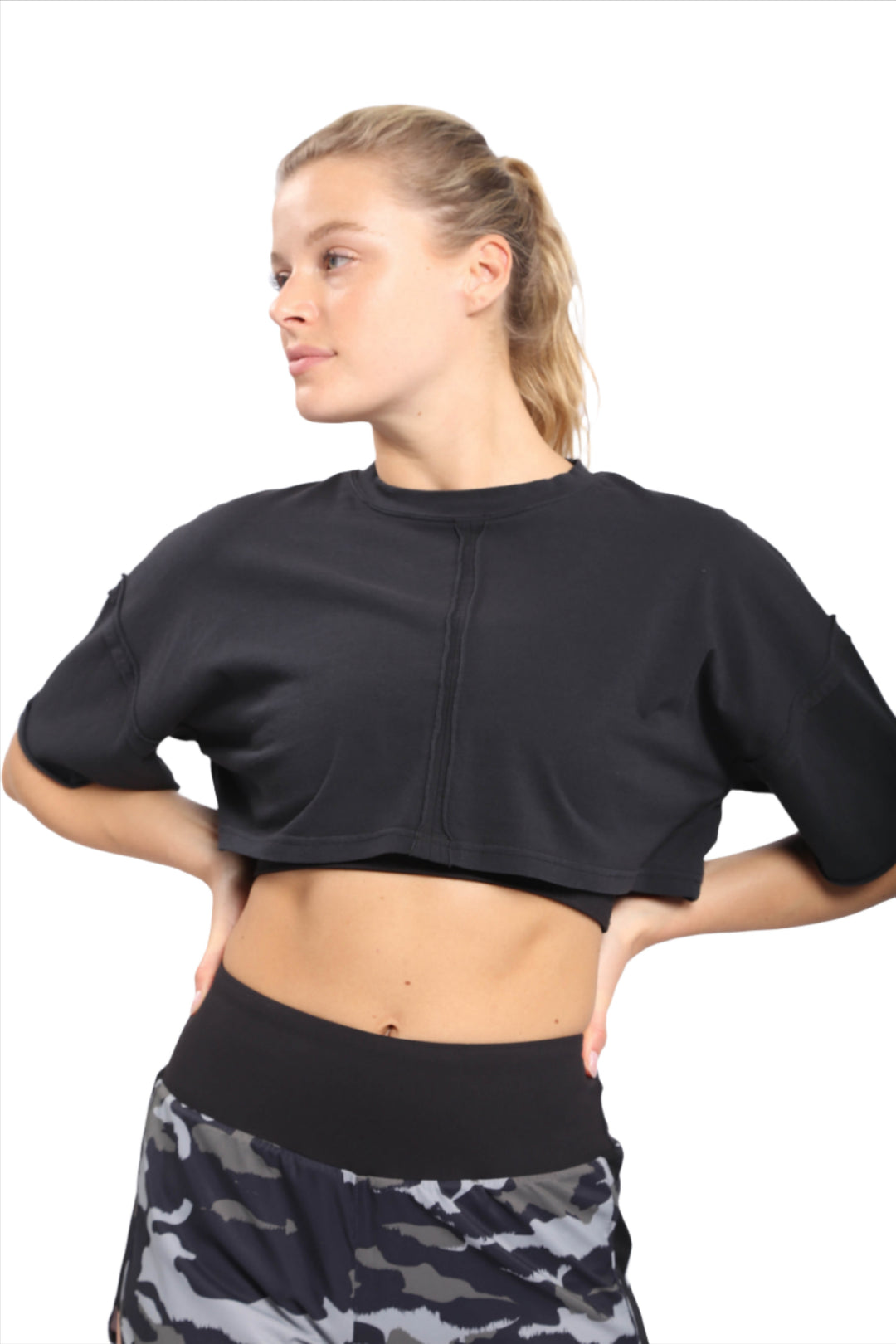 Mono B Pima Cotton Ultra Cropped Top KT-B0152 - Black - Front View