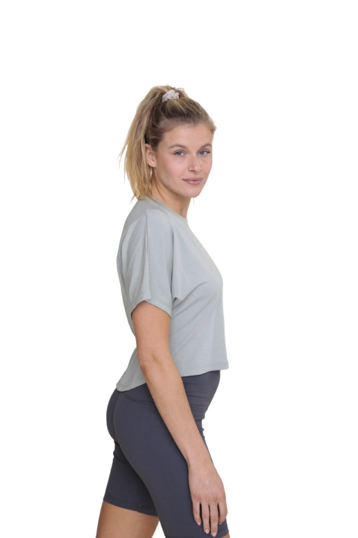 Mono B Gathered Back Short Sleeve Top KT-B0411 - Sage - Side View