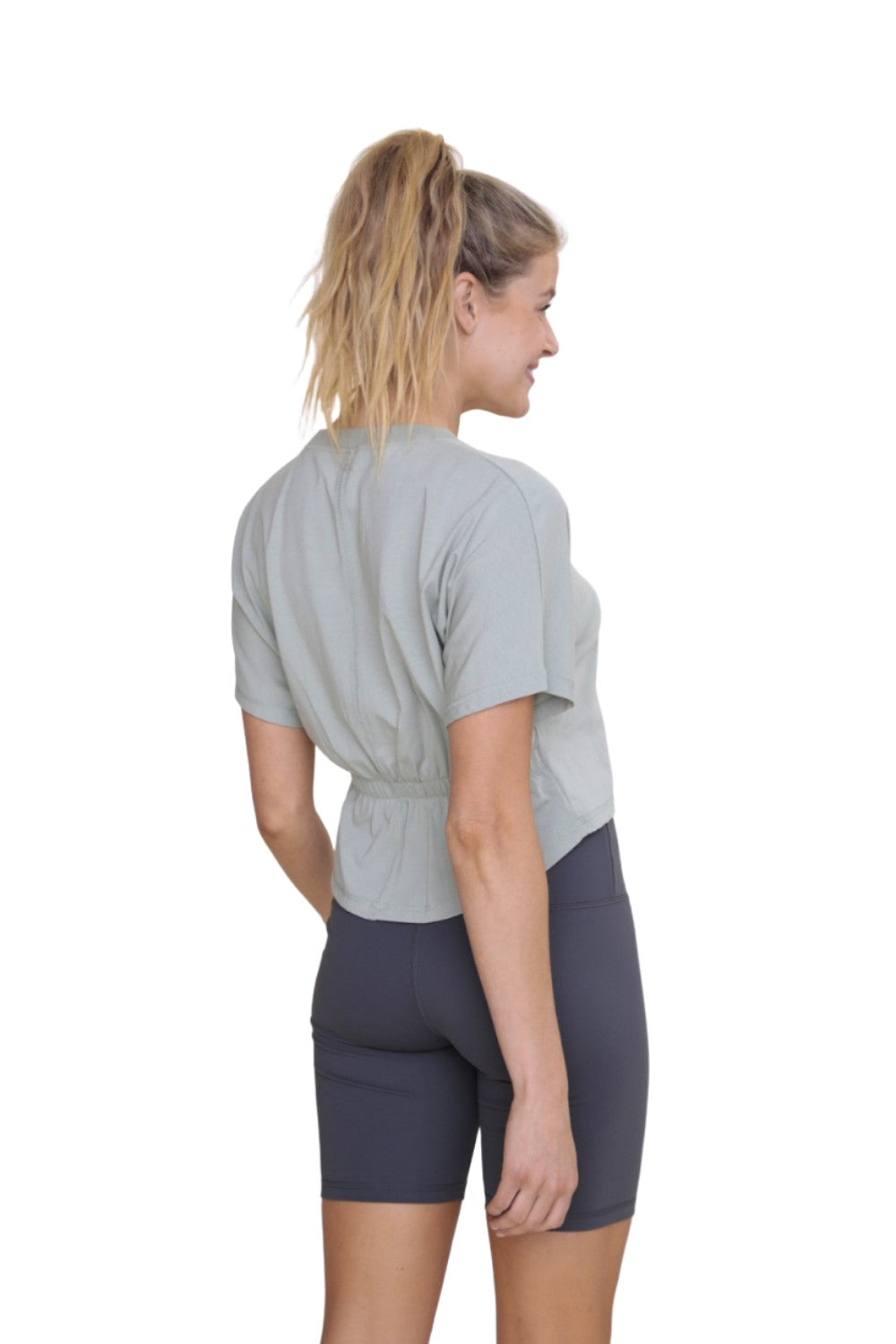 Mono B Gathered Back Short Sleeve Top KT-B0411 - Sage - Back Side View