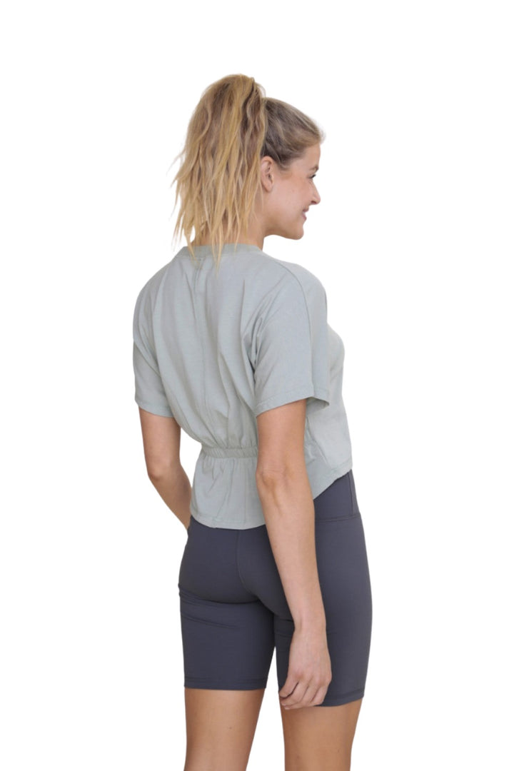 Mono B Gathered Back Short Sleeve Top KT-B0411 - Sage - Back Side View