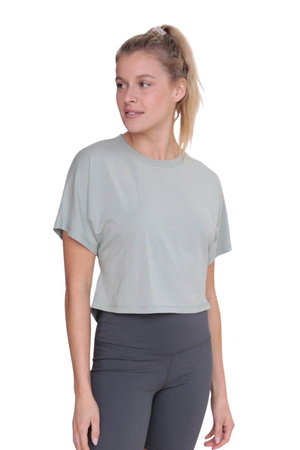 Mono B Gathered Back Short Sleeve Top KT-B0411 - Sage - Front View