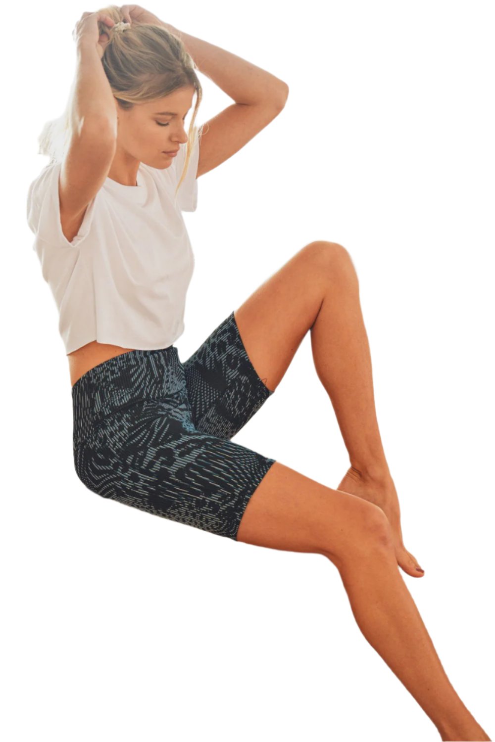 Mono B Textured Safari Jacquard High-Waisted Biker Shorts APH3164 - Black/Blue - Sitting View