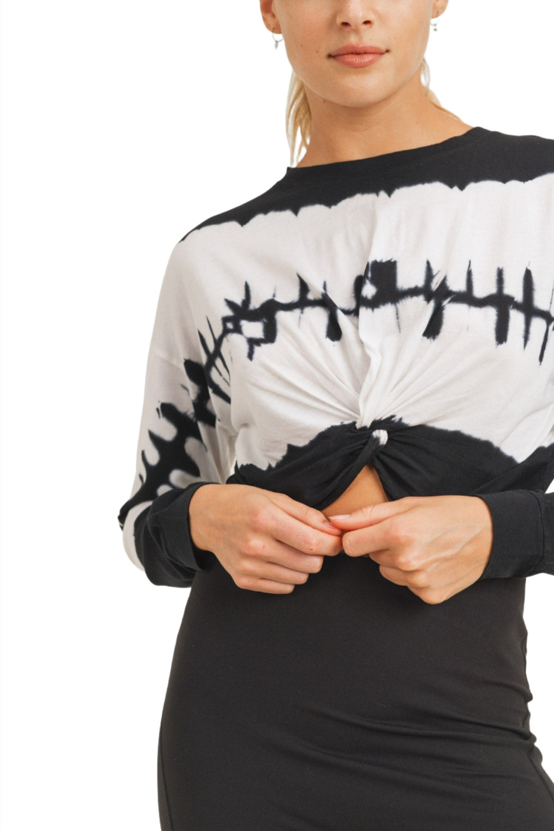 Mono B Crop Twisted Long Sleeve Tie Dyed Top KT11710 - Black White Tie Dye - Rear View
