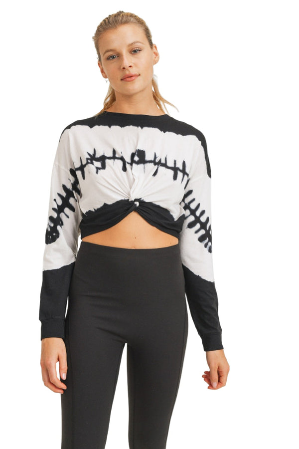 Mono B Crop Twisted Long Sleeve Tie Dyed Top KT11710 - Black White Tie Dye - Front View