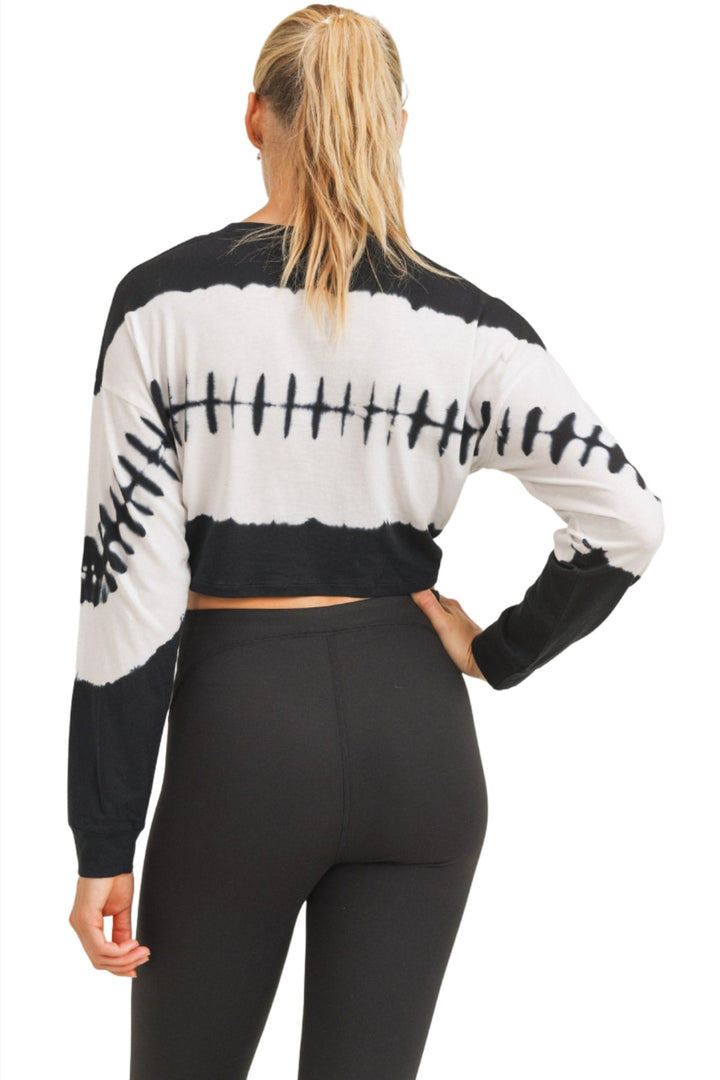Mono B Crop Twisted Long Sleeve Tie Dyed Top KT11710 - Black White Tie Dye - Back View