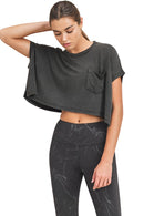 Mono B Crop Mineral Wash Short Sleeve Pocket Top KT11734 - Black - Front View