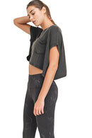 Mono B Crop Mineral Wash Short Sleeve Pocket Top KT11734 - Black - Side View