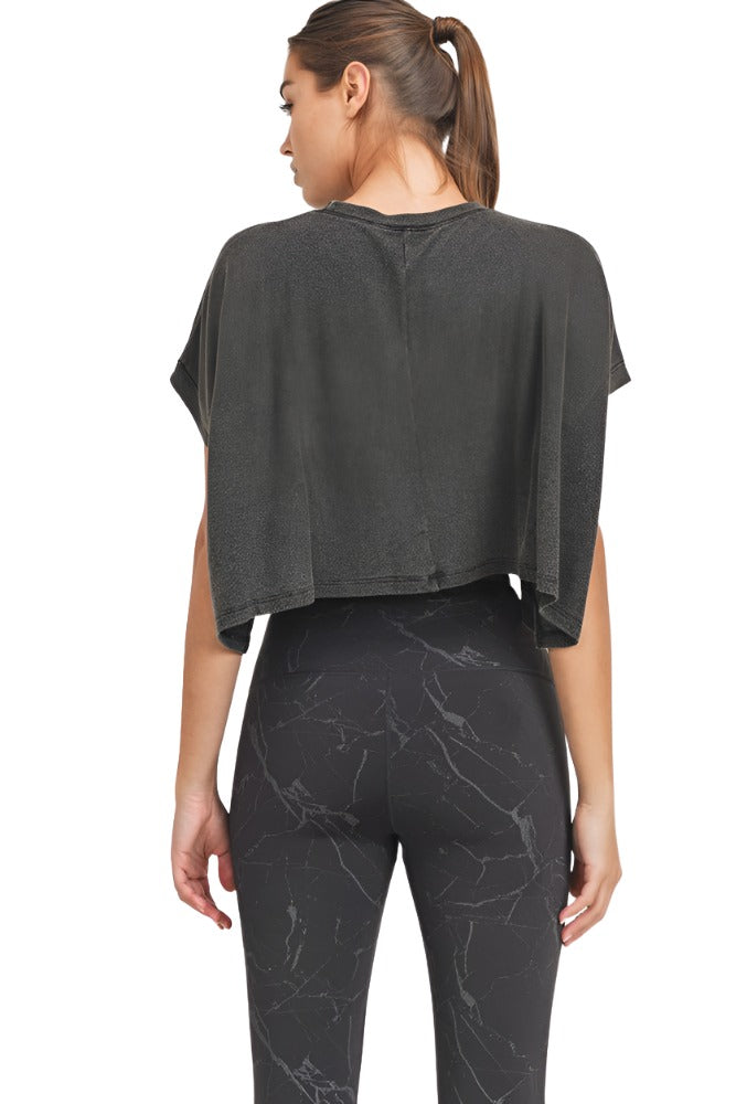 Mono B Crop Mineral Wash Short Sleeve Pocket Top KT11734 - Black - Back View