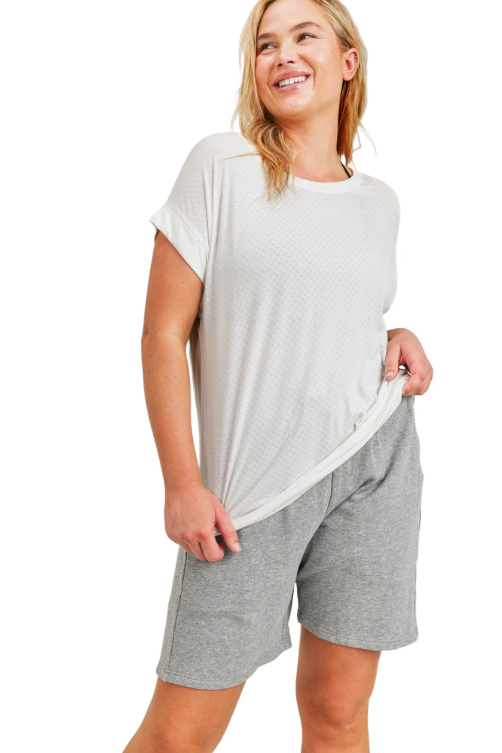 Mono B Cuff Sleeve T-Shirt KT11779 Plus - 2 Tone Grey - Front View