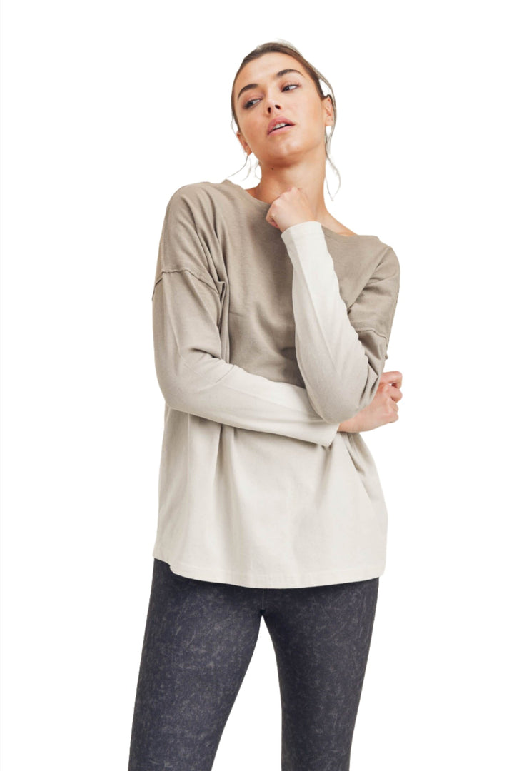 Mono B Ombre' Long Sleeve Cotton Tee KT11780 - Mocha Mousse - Front View