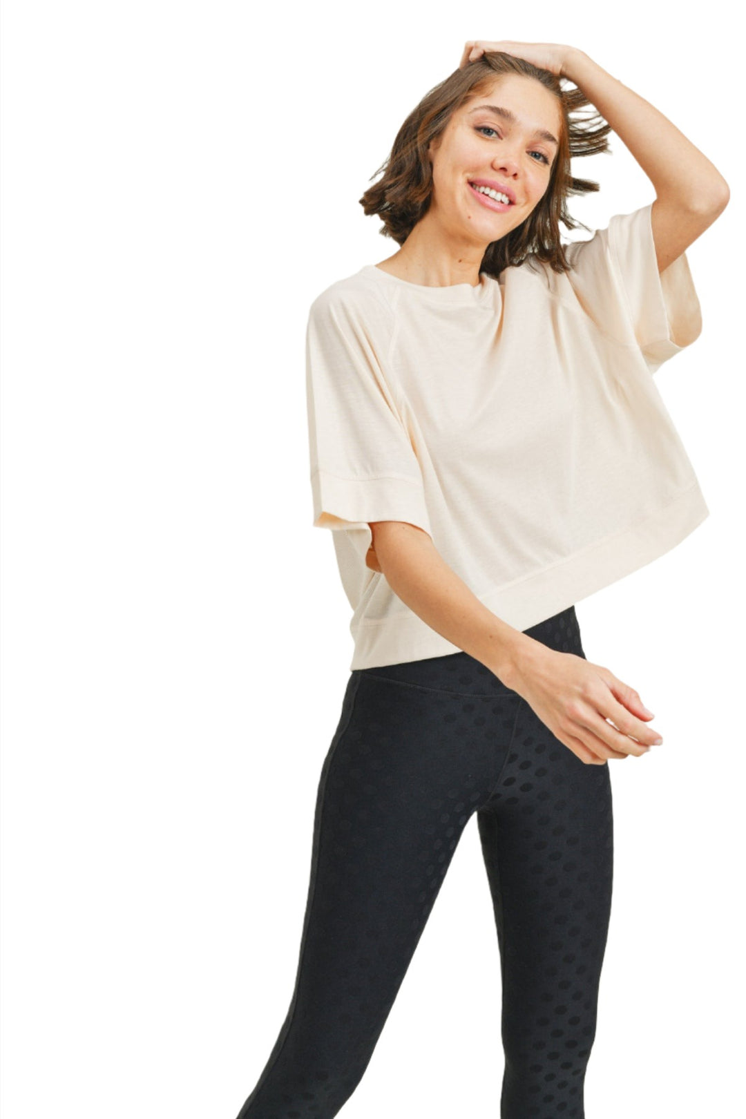 Mono B Perforated Cutout Raglan Cropped Tee KT210353 - Natural - Front View