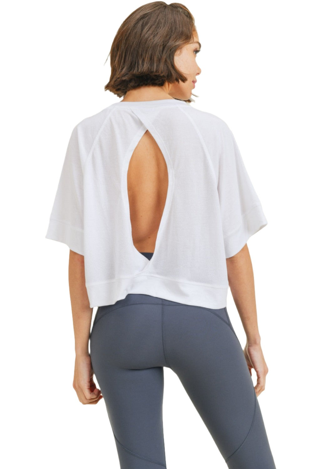 Mono B Perforated Cutout Raglan Cropped Tee KT210353 - White - Back View