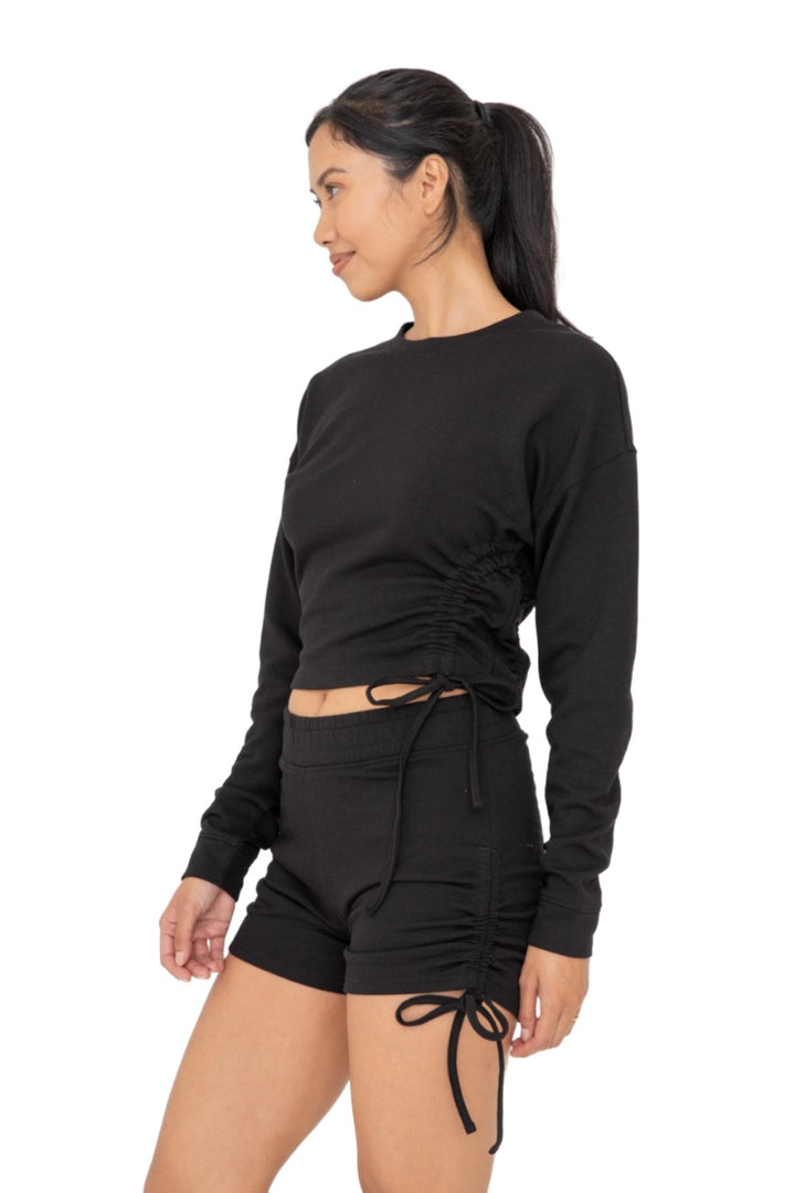 Mono B Fleece Side Cinch Long Sleeve Crewneck Top KTR12188 - Black - Side View