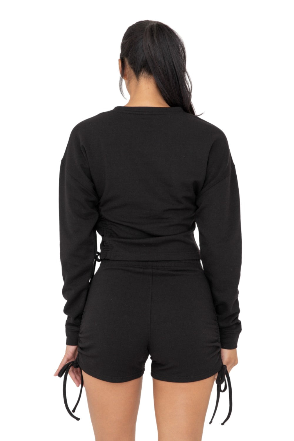 Mono B Fleece Side Cinch Long Sleeve Crewneck Top KTR12188 - Black - Back View