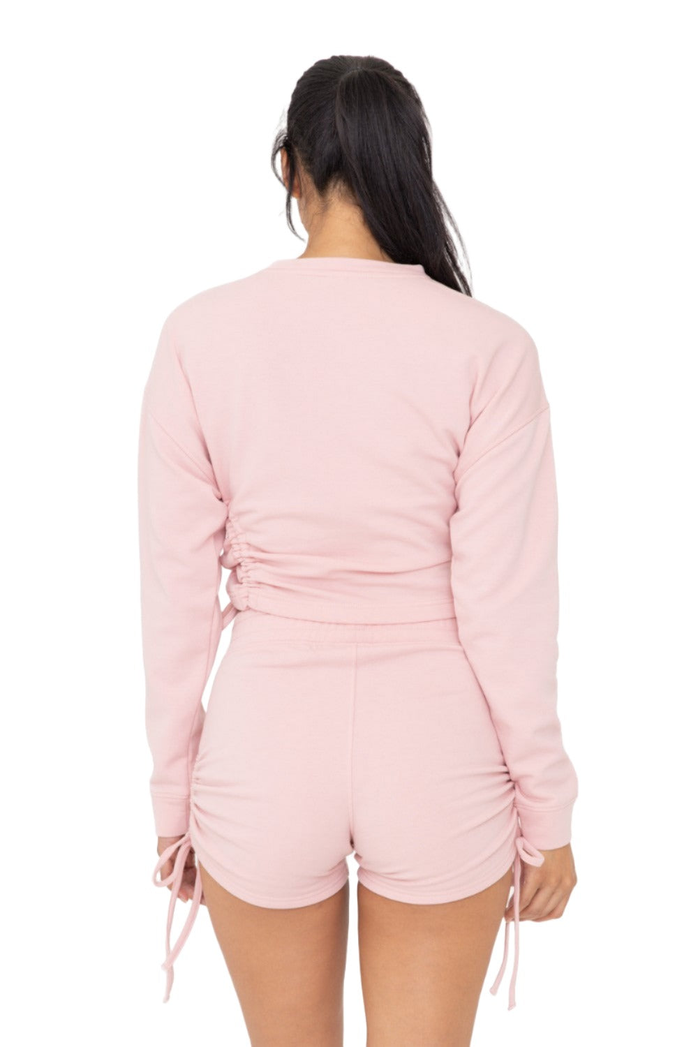 Mono B Fleece Side Cinch Long Sleeve Crewneck Top KTR12188 - Rose - Back View