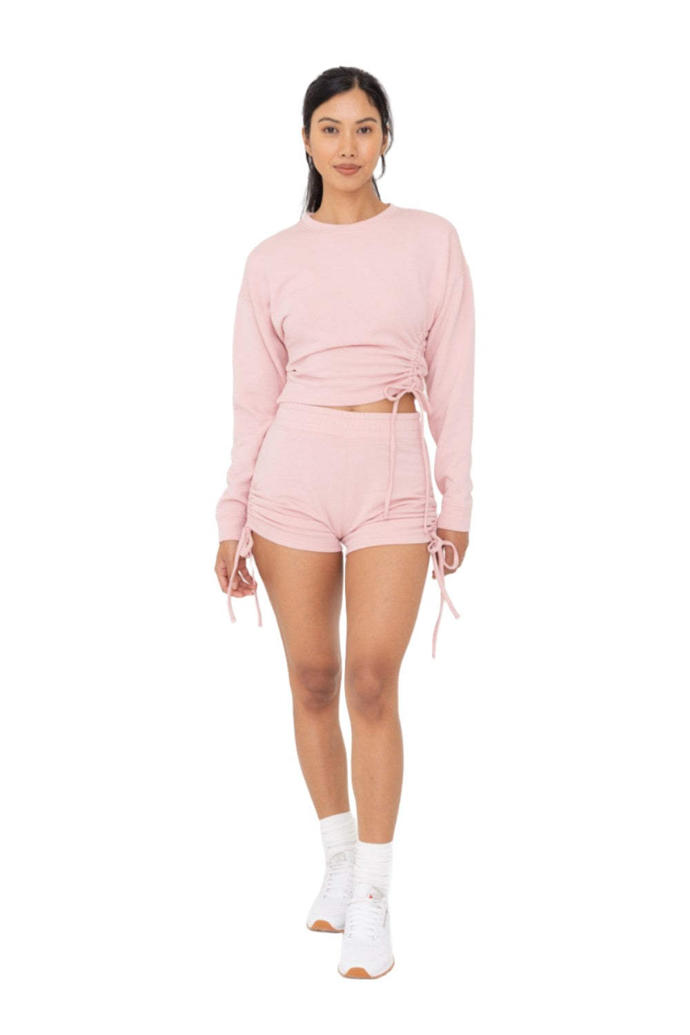 Mono B Fleece Side Cinch Long Sleeve Crewneck Top KTR12188 - Rose - Front Full View