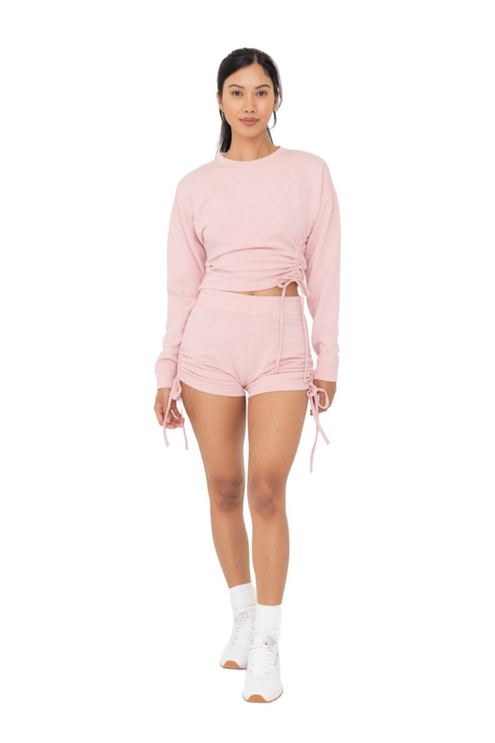 Mono B Fleece Side Cinch Long Sleeve Crewneck Top KTR12188 - Rose - Front Full View